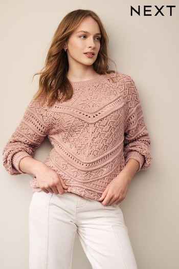 Blush Pink Crochet Crew Neck Long Sleeve Jumper (629777) | £40
