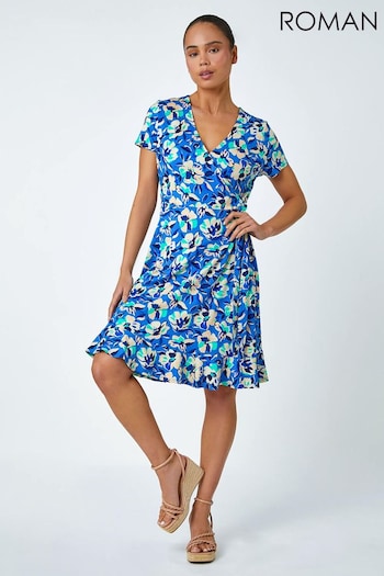 Roman Blue Petite Floral Stretch Wrap Dress (629790) | £38
