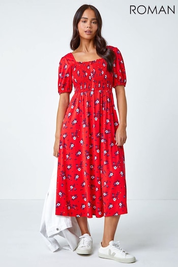 Roman Red Petite Shirred Stretch Floral Midi Dress (629932) | £45