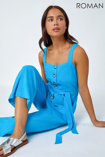 Roman Blue Petite Sleeveless Belted Linen Jumpsuit (629969) | £40