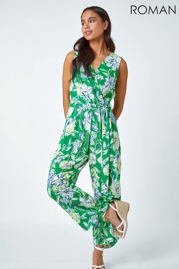 Roman Green Petite Floral Stretch Wrap Jumpsuit (629987) | £45