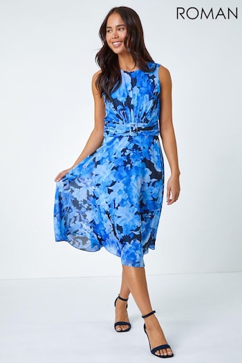 Roman Blue Petite Floral Print Buckle Dress (630413) | £50