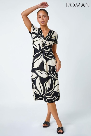 Roman Black Petite Leaf Twist Stretch Dress (630419) | £40