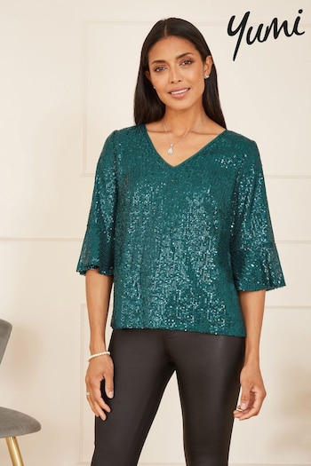 Yumi Green Sequin Top With Fluted Sleeve (631433) | £40