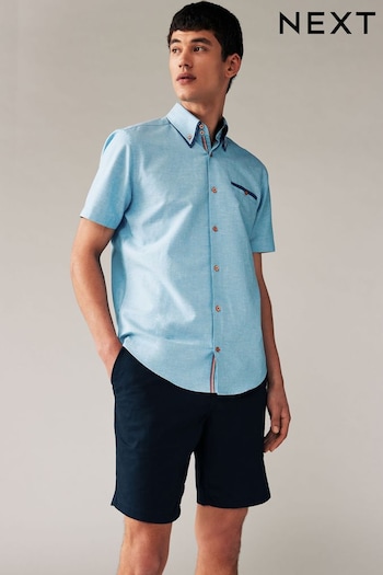 Blue Double Collar Regular Fit Short Sleeve Trimmed Linen Blend Short Sleeve Shirt (631449) | £32