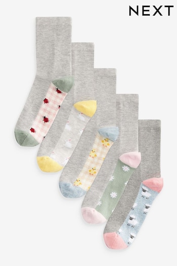 Grey Footbed Spring Animal Print Ankle Socks 5 Pack (631518) | £12