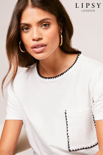 Lipsy White Relaxed Blanket Stitch Round Neck T-Shirt (633414) | £28
