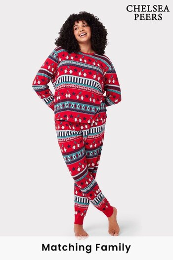 Chelsea Peers Red Curve Recycled Fibre Carnival Penguin Fair Isle Print Long Pyjama Set (633587) | £38