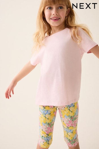 Pink/ Yellow Floral Print Cropped Leggings Jersey (3-16yrs) (633640) | £4 - £6