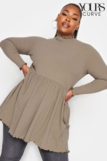 Yours Curve Brown Ribbed Peplum Lettuce Edge Top (634169) | £24