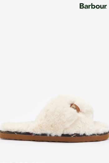 Barbour® Cream Eliza Cross Over Faux Fur Slippers (634294) | £40