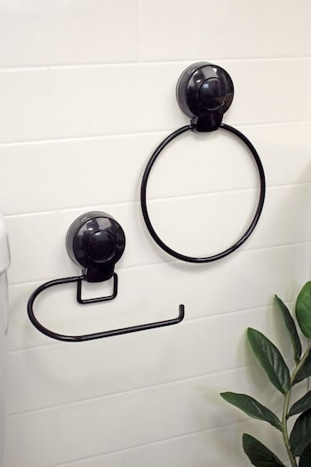 Showerdrape Black Suctionloc Set Of 2 Toilet Roll Holder and Towel Ring (634694) | £24