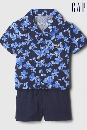 Gap Blue & Navy Floral Brannan Bear Embroidered Gauze Baby Shirt and Shorts Set (634852) | £25