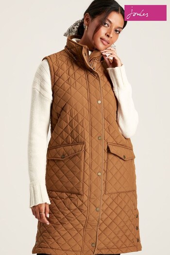 Joules Chatsworth Rust Brown Showerproof Long Diamond Quilted Gilet With Hood (635253) | £99.95