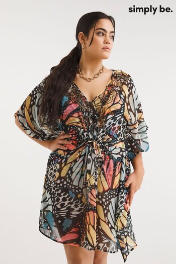 Simply Be Black Magisculpt Butterfly Print Embellished Kaftan (635275) | £25