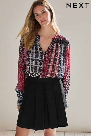 Black/Red Floral Check Cuffed Long Sleeve Sheer V-Neck Zip Detail Blouse (636120) | £42