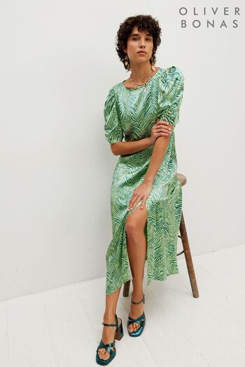Oliver Bonas Green Warped Animal Print Midi Dress (636183) | £79.50