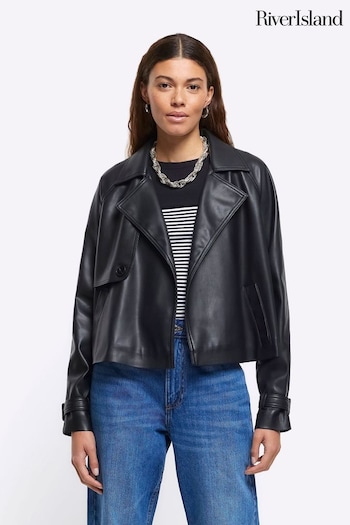 River Island Black Crop Faux Leather Trench Jacket (637275) | £60