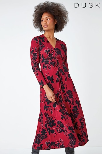 Dusk Red Floral Print Ruched Midi Stretch Dress (637561) | £48