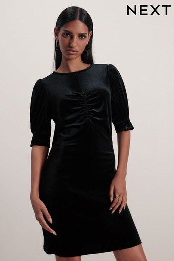 Black Velvet Puff Sleeve Ruched Detail Mini Dress (637627) | £32