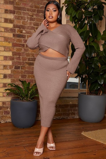 Chi Chi London Brown Plus Size Flute Sleeve Wrap Detail Rib Knit Top (637963) | £40