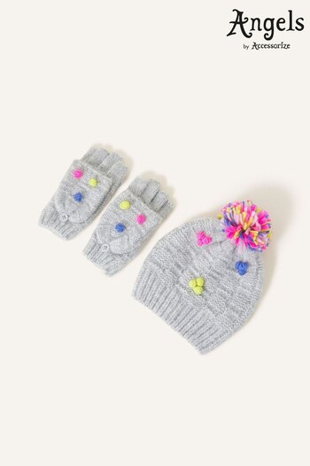 Angels by Accessorize Girls Grey Pom-Pom Hat and Gloves Set (638201) | £22 - £34.50