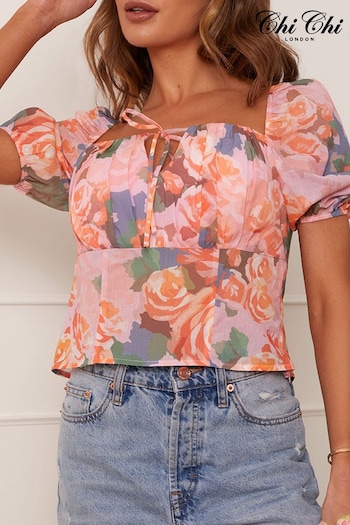 Chi Chi London Pink Ruched Bust Floral Top (638694) | £60