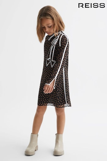 Reiss Black Kate Junior Polka Dot Tie Neck Mini Dress (638840) | £60