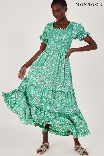 Monsoon Green Gigi Print Bardot Maxi Dress in Sustainable Viscose (639106) | £85