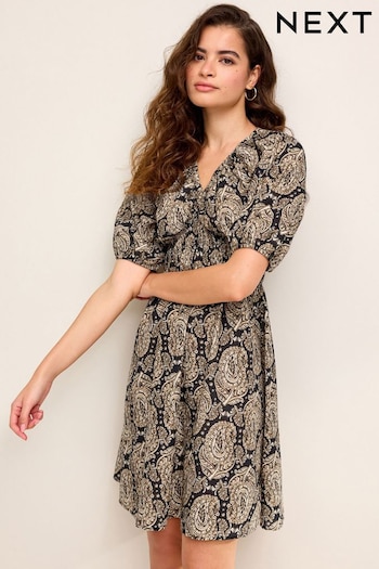 Black/Brown Paisley Print Shirred Waist Mini Dress (639600) | £30