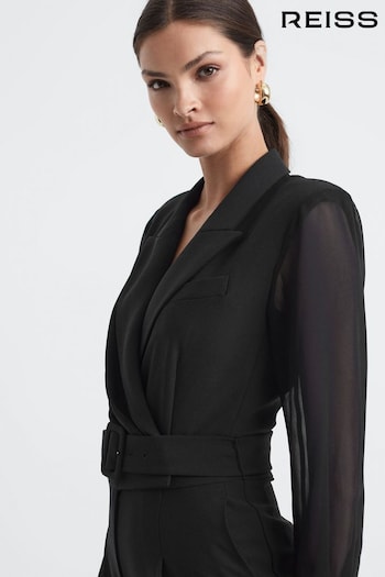 Reiss Black Flora Petite Sheer Belted Double Breasted Jumpsuit (639692) | £238