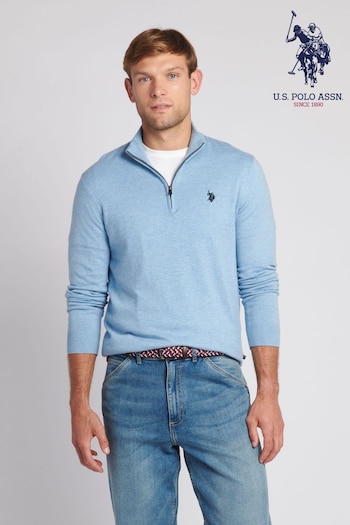 U.S. Con Polo Assn. Mens Blue Funnel Neck Quarter Zip Knit Sweatshirt (640478) | £70