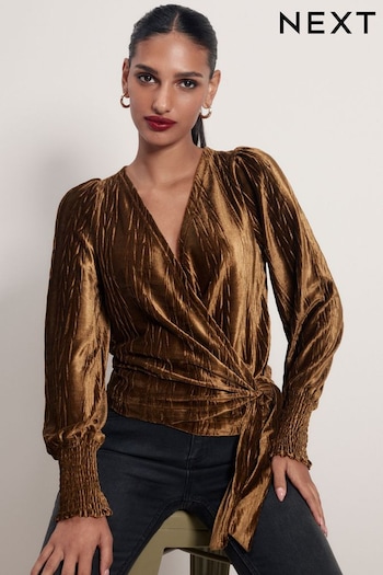 Gold Velvet Long Sleeve Wrap Top (640697) | £34