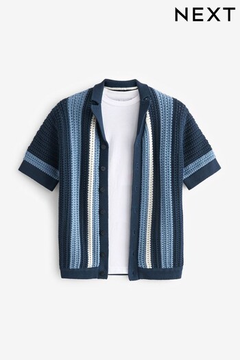 Navy Blue/White Short Sleeve Stripe Crochet Shirt (3-16yrs) (640934) | £16 - £21