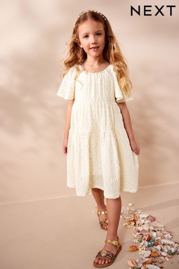 Ecru White Jersey Textured Angel Sleeve Dress met (3-16yrs) (641126) | £20 - £26
