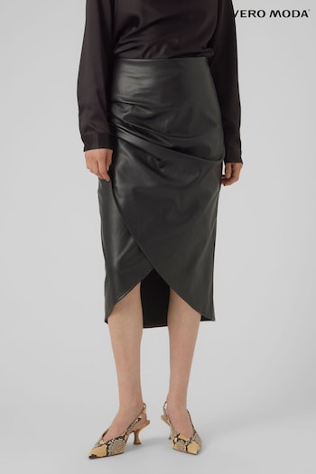 VERO MODA Black Faux Leather Ruched Wrap Midi Skirt (641305) | £36