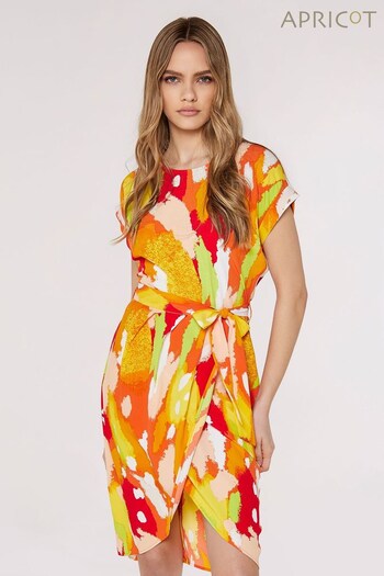 Apricot Orange Multi Paintbrush Wrap Skirt Belted Dress (641646) | £35