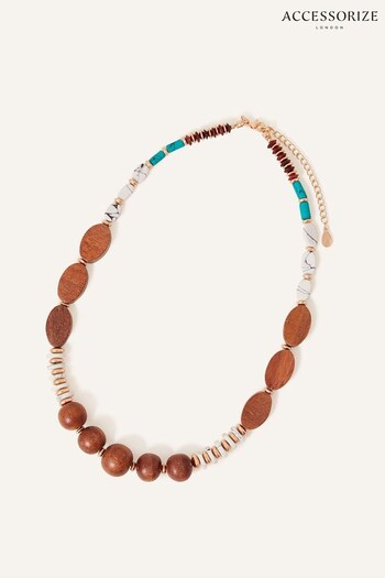 Accessorize Wooden Mixed Shape Beaded Brown Necklace (641979) | £20