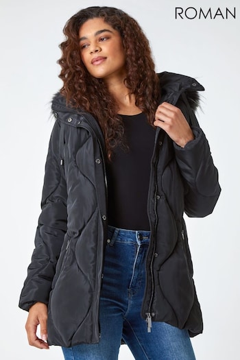 Roman Black Quilted Faux Fur Hooded Coat (642831) | £65