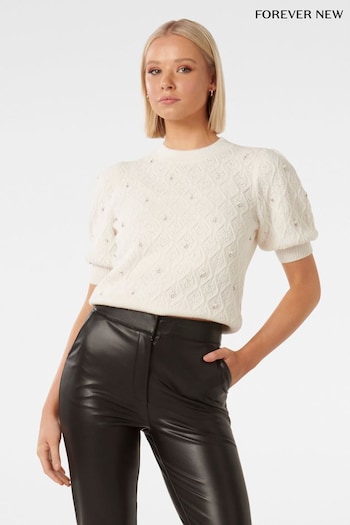 Forever New White Sierra Embellished Sleeve Knit T-Shirt (643042) | £70