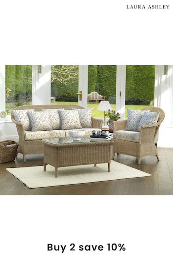 Laura Ashley Natural Garden Bewley Indoor Rattan Lounging Set With Willow Leaf Hedgerow Cushions (643560) | £1,750