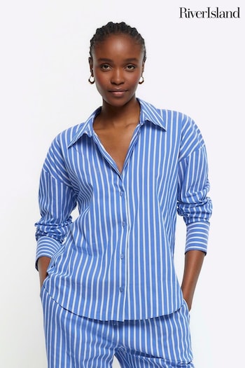 River Island Blue Stripe Wide Cuff  Shirt (643564) | £35
