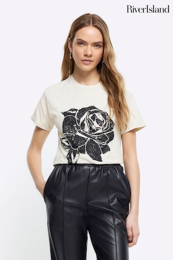 River Island Cream Boyfriend Embellished Rose T-Shirt (643932) | £28