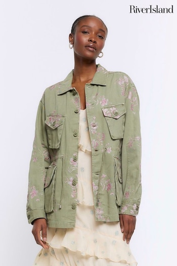 River Island Green Floral Pocketed Utility Shacket (643956) | £65
