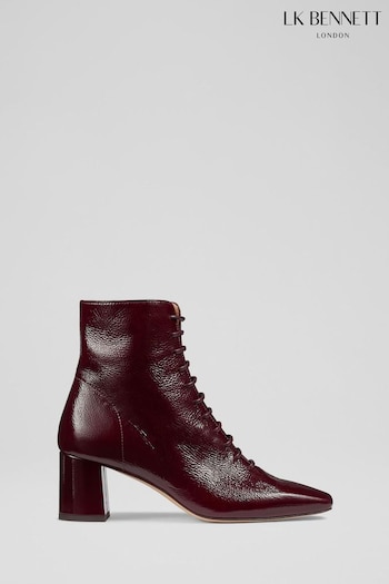 LK Bennett Red Arabella Bordeaux Crinkle Patent Lace Up Ankle Boots (644834) | £399