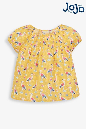JoJo Maman Bébé Yellow Girls' Heron Print Smocked Top (644935) | £18