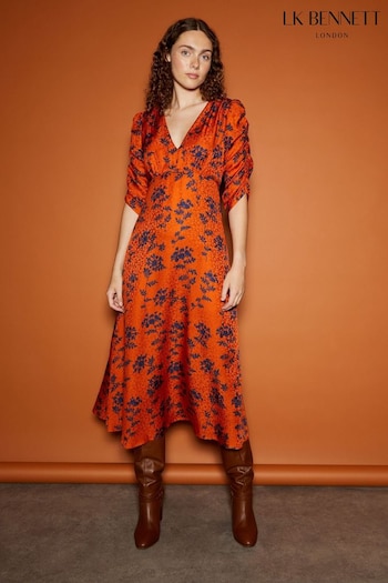 LK Bennett Orange and Blue Erin Shadow Floral Silk Jacquard Dress (644936) | £459