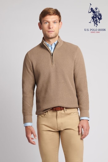 U.S. Polo Assn. Mens Grey Textured Quarter Zip Knit Sweatshirt (645278) | £70