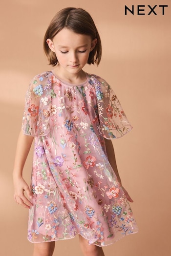 Pink Floral Embroidered Mesh Occasion Dress (3-16yrs) (645681) | £50 - £56