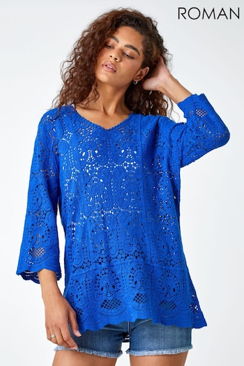 Roman Blue Cotton Crochet Tunic Top (645894) | £40